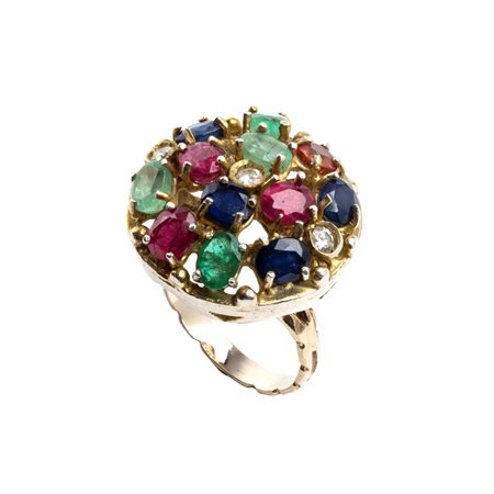 Anello in oro con diamanti, rubini, smeraldi e zaffiri