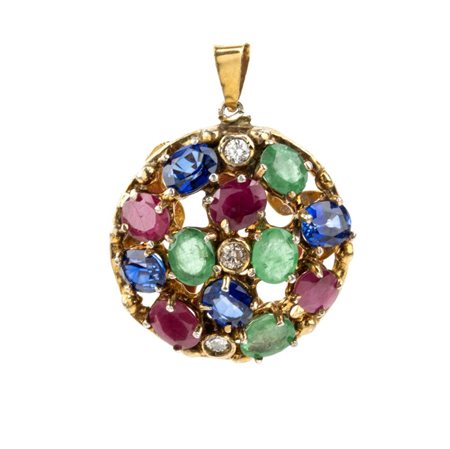 Pendente in oro, diamanti e pietre di colore Di forma rotonda, traforato,...