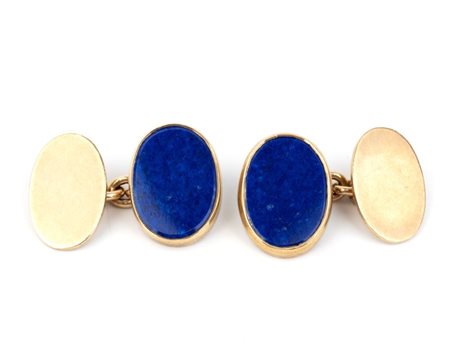 Paio di gemelli da polso in oro e lapis di forma ovale in oro giallo 9k,...