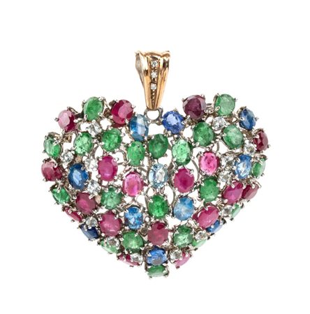 Pendente a cuore in argento ed oro con diamanti e gemme di colore In argento...