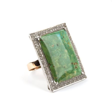 Anello in oro ed argento con turchese e diamanti In oro giallo 9k ed argento,...