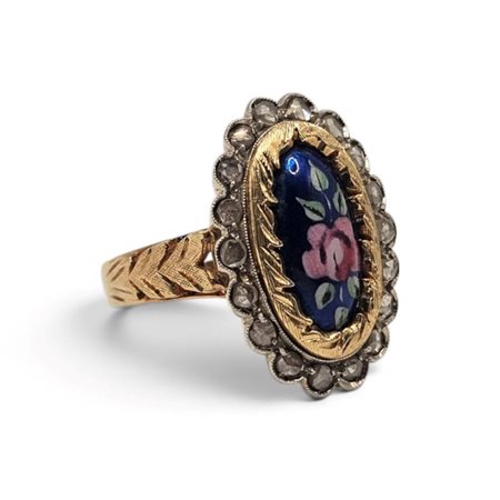 Anello con miniatura in smalti e diamanti In oro bianco ed oro giallo 18k,...