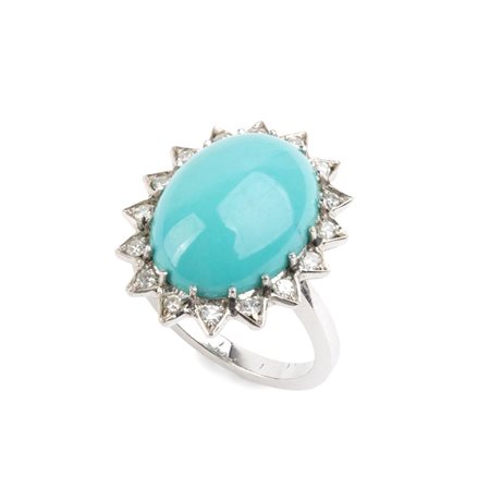 Anello in oro con turchese e diamanti in oro bianco 18k, incastonato con...