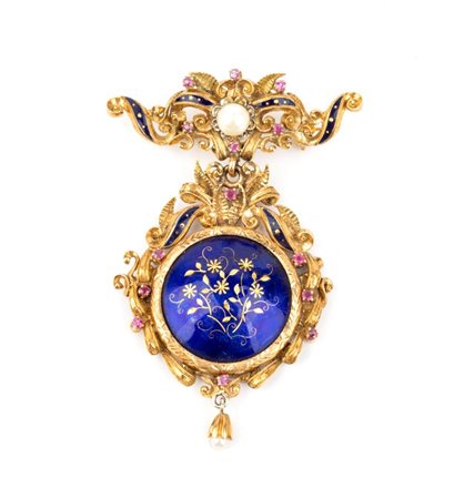 Spilla pendente in oro con smalti, rubini e perla in oro giallo e bianco 18k....