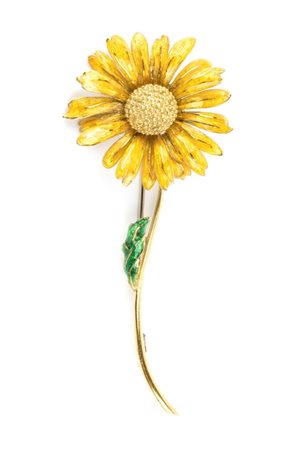 Spilla fiore in oro e smalti In oro bianco ed oro giallo 18k, raffigurante...