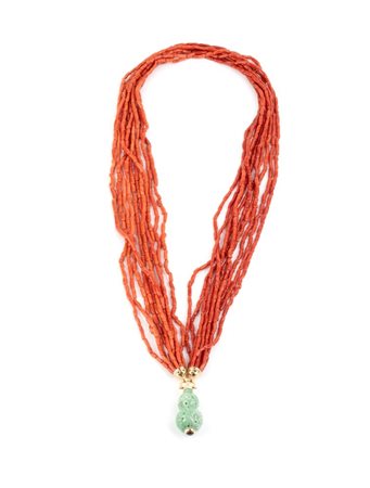 Collana in corallo Mediterraneo con pendente in giadeite A dieci fili di...