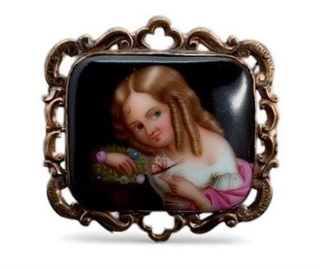 Spilla vittoriana inglese in oro con miniatura in porcellana seconda metà XIX...