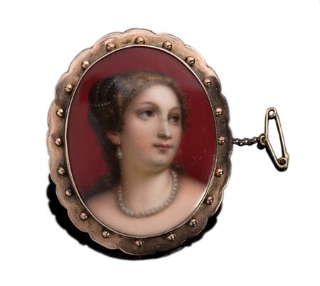 Spilla vittoriana inglese con miniatura XIX secolo miniatura in porcellana...