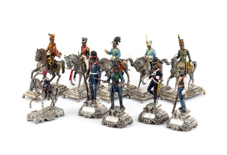 Gruppo di dieci sculture italiane in argento e smalti policromi seconda metà...