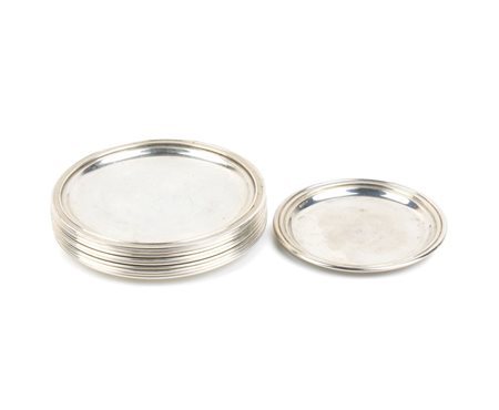 Set di 10 sottobottiglia italiani in argento seconda metà del XX secolo Peso...