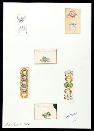 GIULIO ZANCOLLA Progetto per anelli e bracciali Anni '50 disegni di anelli e...