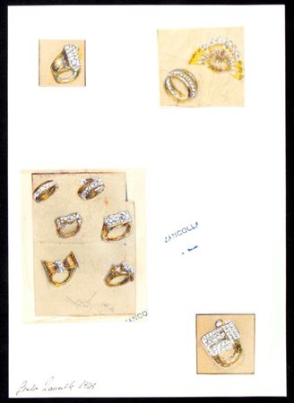 GIULIO ZANCOLLA Progetto per anelli Anni '40 disegni di anelli in oro giallo...
