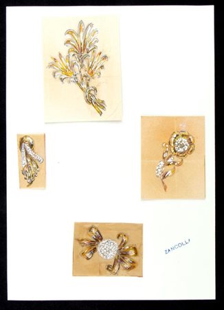 GIULIO ZANCOLLA Progetto per spille floreali Anni '40 disegni di quattro...