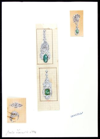 GIULIO ZANCOLLA Progetto per orecchini ed anello Anni '40 disegni di tre...