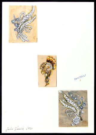 GIULIO ZANCOLLA Progetto per spille floreali Anni '40 disegni di tre spille....