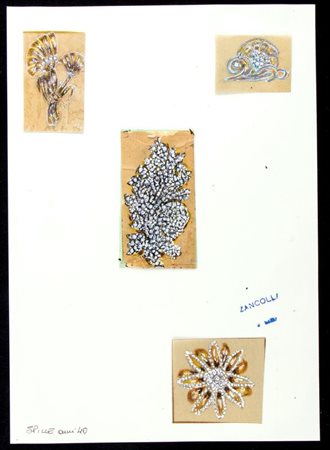 GIULIO ZANCOLLA Progetto per spille Anni '40 disegni di quattro spille...