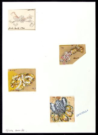 GIULIO ZANCOLLA Progetto per spille Anni '40 disegni di quattro spille....
