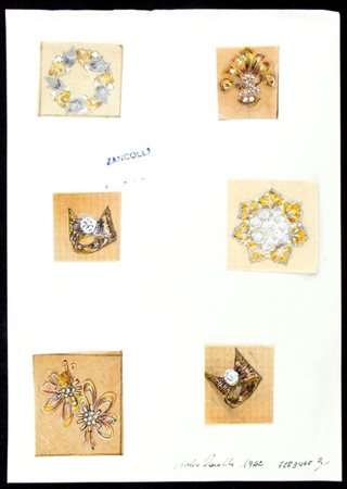 GIULIO ZANCOLLA Progetto per spille, anelli ed orecchini Anni '40 disegni di...