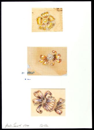 GIULIO ZANCOLLA Progetto per spille Anni '40 disegni di tre spille in oro...