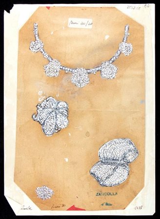 GIULIO ZANCOLLA Progetto per spille, collana ed anello Anni '30 disegni di...