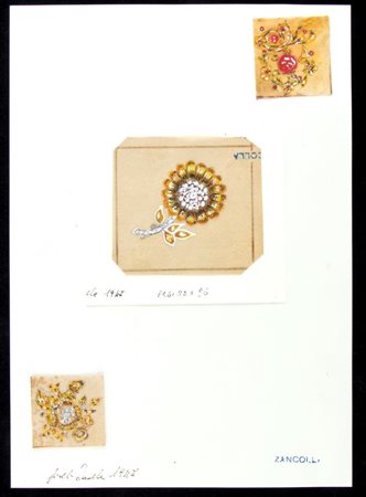 GIULIO ZANCOLLA Progetti per spille floreali Anni '40 disegni di tre spille...