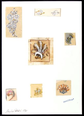 GIULIO ZANCOLLA Progetto per spille ed anelli Anni '40 disegni di sei spille...