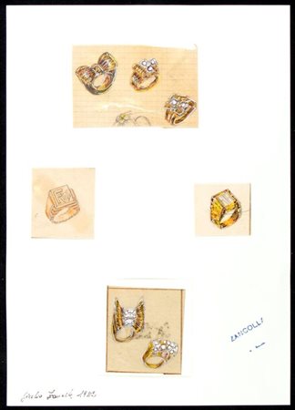 GIULIO ZANCOLLA Progetti per anelli Anni '40 disegni di sei anelli in oro...