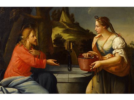 Scuola italiana (XVII Secolo) Gesù e la Samaritana al pozzo Olio su tela...