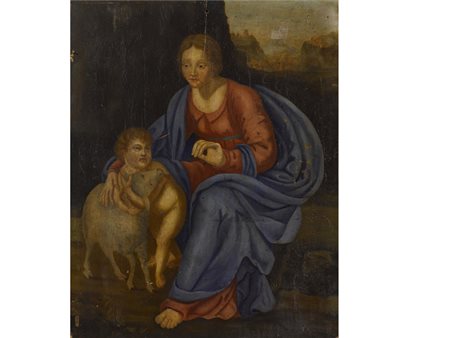 Madonna con Bambino che gioca con l'agnello Olio su Tavola Misure 36,7x29,5 cm