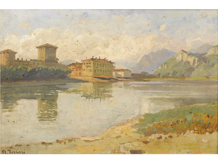 Arturo Ferrari (Milano 1861–1932) Sulle rive dell'Adda Olio su cartoncino...