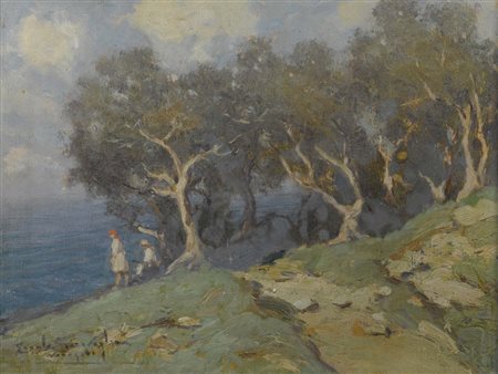 Ercole Garavaglia (XIX-XX) In riva al lago Olio su tavolatta Firmato Misure...