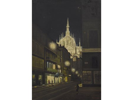 Firma illeggibile (XX secolo) Notturno milanese Olio su tela Firmato Misure...