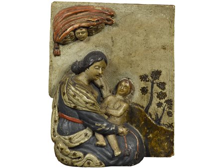 Anonimo (XVII Secolo) Scuola nopoletana Madonna con Bambino Marmo Policromo...