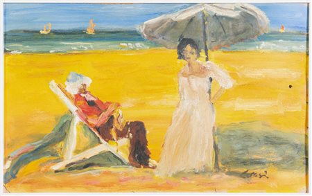 Carlo Corsi (Nizza 1879 - Bologna 1966),  "Due figure in spiaggia", Anni '30.