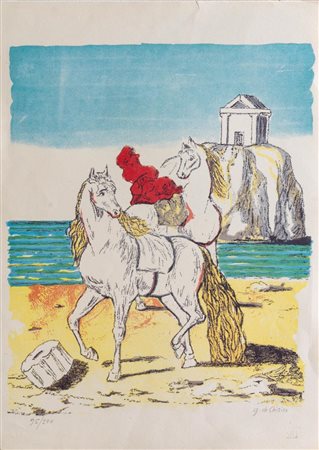 Giorgio De Chirico (Volo, 1888 – Roma, 1978), "Cavalli con tempio (Cavalli di Perseo)", 1974.