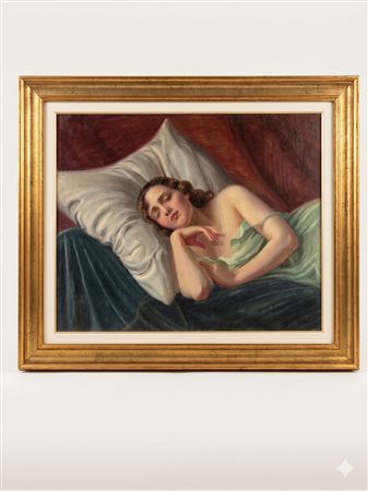 Dipinto a olio su tela raffigurante una giovane donna dormiente,  Pittore del XIX/XX 50x60