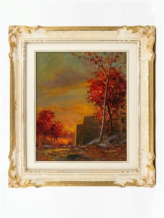 Olio su tavoletta cm 32x21 circa raffigurante un paesaggio autunnale al tramonto