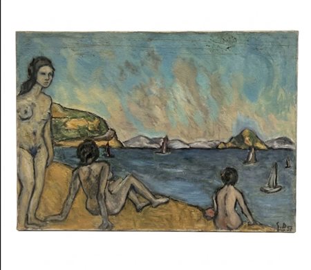 Dipinto olio su tela Attribuito a S.D., Scena di bagnanti in un paesaggio costiero, 1957