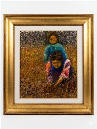 Dipinto a olio su tela o tavola raffigurante due fanciulle in un paesaggio agreste 80x60