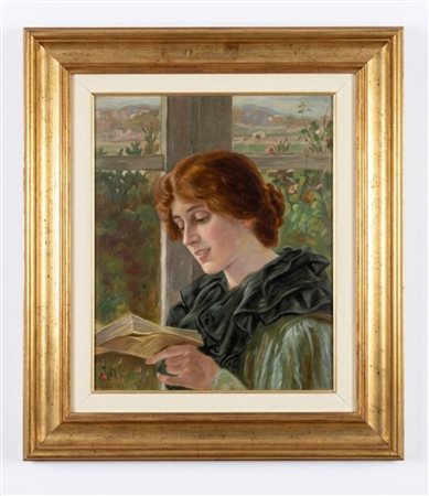 Dipinto a olio su tela "Giovane donna in lettura" – Firmato in basso tela 37,5x30,8 con cornice cm 51x42 circa