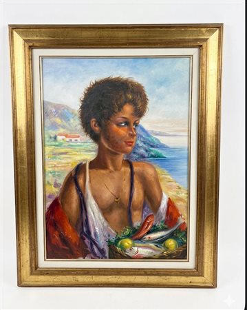 Gaetano Vitale Dipinto olio su tela cm 50x70 ritratto di giovane pescatore con cornice dorata