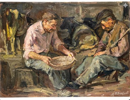 R Bonfanti Dipinto a olio su tela - Scena di Genere in Interno di Stalla cm 70x50