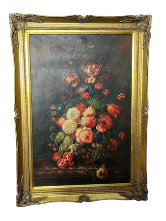 Dipinto olio su tela Natura morta con fiori e melograni inizio '900 firmato cm 110x80 con cornice dorata