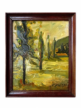 Dipinto a olio su tela raffigurante un paesaggio con alberi alti e slanciati,