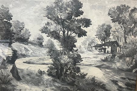 Dipinto a olio su tela di impostazione monocromatica grigia, o grisaille, raffigura un paesaggio rurale