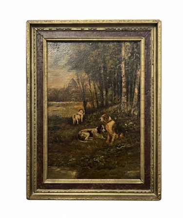 Dipinto olio su tela raffigurante Scena di Caccia con Cani da Ferma – Scuola Realista del XIX Secolo cm 31x42