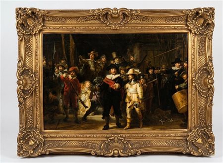 Da Rembrandt, dipinto olio su tela raffigurante La Ronda di Notte , fine XIX secolo