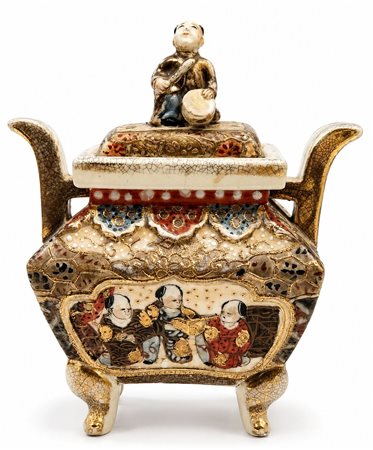 Incensiere Koro Miniatura in Ceramica Satsuma con Coperchio, Periodo Meiji cm 14