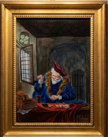 Pierre Restoueix (Limoges), Placca in smalto raffigurante un pesatore d oro da Salomon Koninck cm 16x12