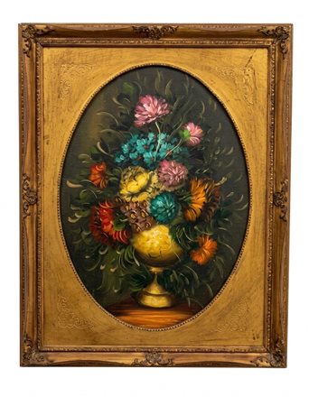 Dipinto a olio su tela raffigurante una rigogliosa composizione floreale, databile all'inizio del Novecento. 70x50